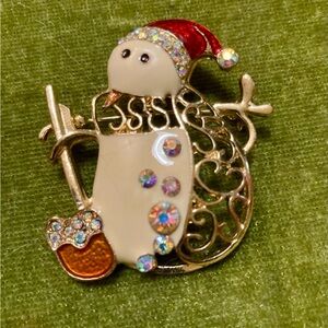 Festive Snowman Brooch with Red Hat